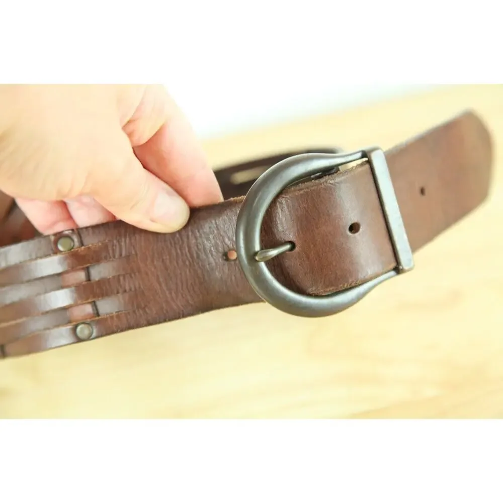 Hollister Brown Leather Belt XS S‎ Wide Woven Chunky Boho Western Y2K Cowgirl